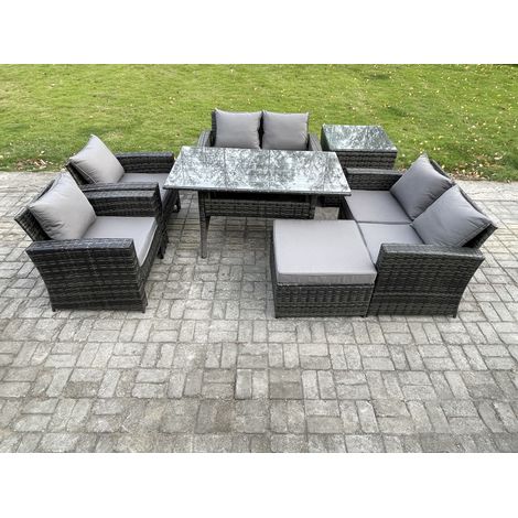 Fimous Rattan Gartenmöbel-Set 7 Sitzer Terrassen mit Länglicher Esstisch Doppelsitzsofa Beistelltisch Großer Fußhocker Dunkelgrau gemischt (1/5)