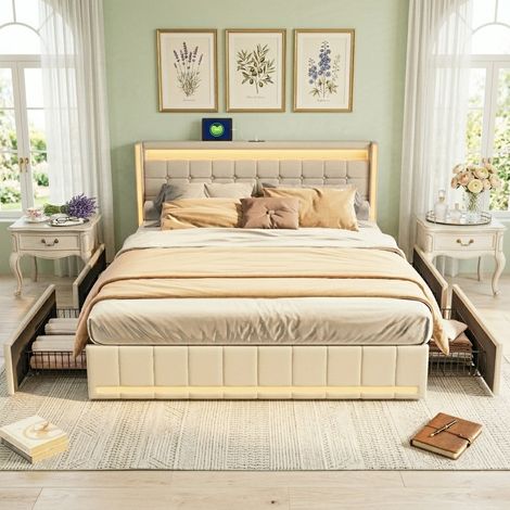 Lit 180x200 avec tiroirs,lit capitonné,lit double,lit adulte,avec LED réglable et chargement USB,sommier à lattes,tissu en lin,beige