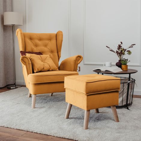 Sessel Ohrensessel ALISON inkl. Hocker in Stoff Trinity Honiggelb