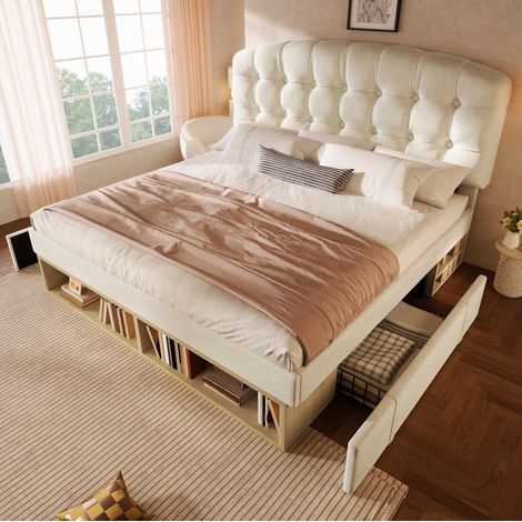 Bett Doppelbett Aufbewahrung 140x200 Samt Beige OKMYHOME (1/5)