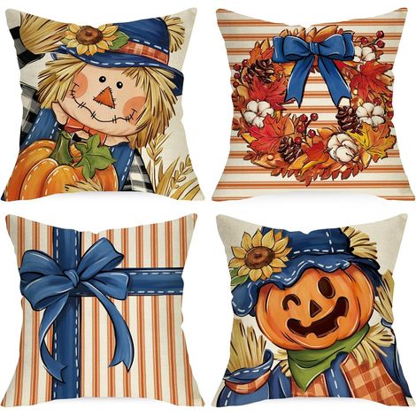 Fundas de cojín decorativas con espantapájaros, otoño, 45 x 45 cm, juego de 4. Decoración de cojín otoñal con calabazas y hojas de arce. (1/5)