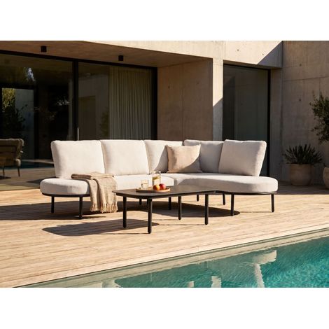 Sofá de exterior con mesa de centro 4 plazas estructura de aluminio ovalado tablero de metal negro cojines beige claro Pollina (1/5)