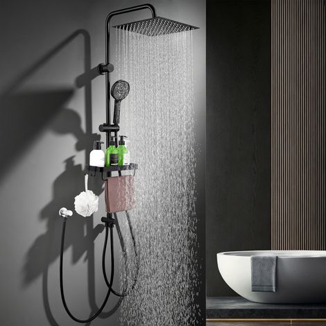 Colonne de Douche Noire sans Robinet, Système de Douche en Acier Inoxydable, Pommeau Pluie 30x30 cm avec Douchette et Étagère, Barre Murale Réglable en Hauteur (1/5)