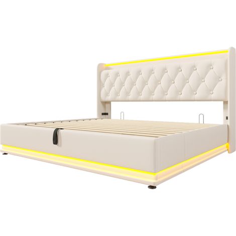 Cama canapé doble LED 360°, PU blanco, 180x200 cm, con USB Tipo-C, HOMVRA (1/5)