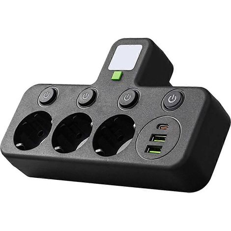 Prise de courant noire à 3 broches, rallonge non incluse, avec port USB Type-C, disponible en deux tailles. (1/5)