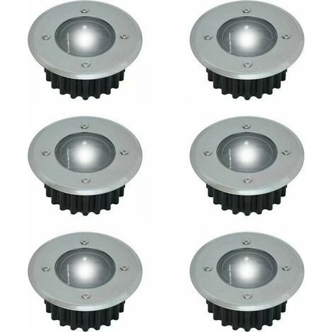 Set mit 6 eingelassenen LED-Solar-Bodeneinbaustrahlern – Rund – Durchmesser: 85 mm – Trittfestes Gehäuse – Edelstahlfront – 6 Solarlampen – Schutzart IP44 (1/5)