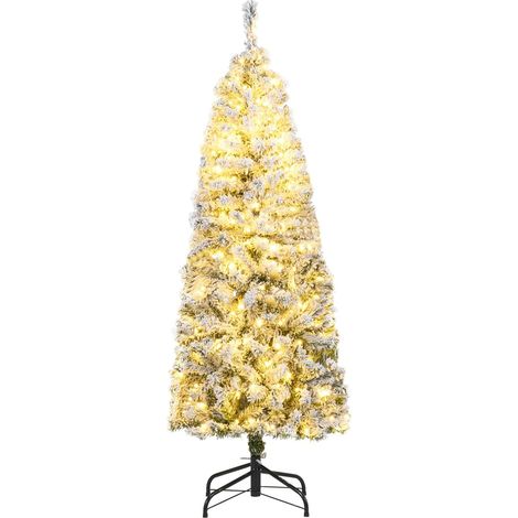 COSTWAY Albero di Natale Slim 150cm, Albero di Natale Innevato con 180 Luci LED, 8 Modalità, 329 Rami in PVC e Base in Metallo Pieghevole, Decorazione Natalizia per Casa e Ufficio (150 cm) (1/5)