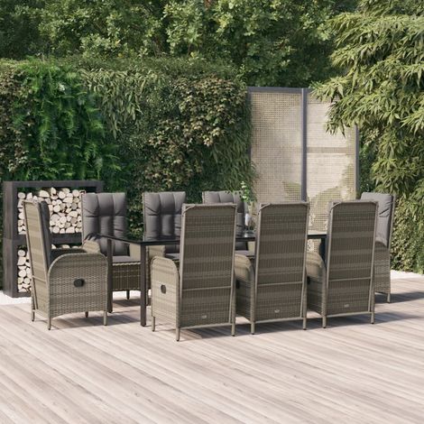 9-tlg. Garten-Essgruppe mit Kissen Schwarz und Grau Poly Rattan