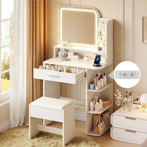 Coiffeuse avec Miroir LED, Tabouret Inclus, Éclairage Réglable 3 Couleurs, Multiprise avec Prises et USB, 1 Tiroir et 7 Étagères de Rangement, 68 x 36 x 139 cm, Blanc (1/5)