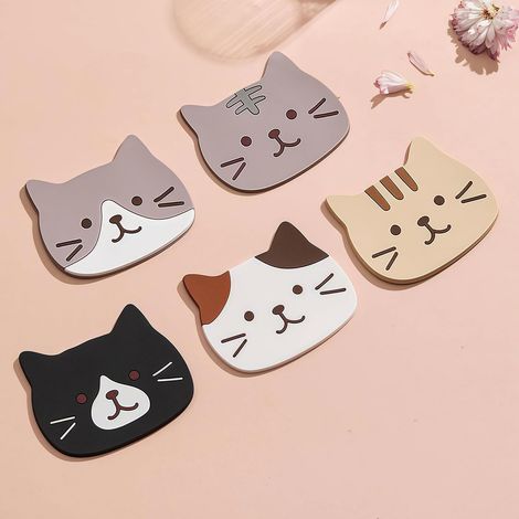 Juego de 5 posavasos coloridos con diseño de gato, de silicona, aislantes, duraderos y antideslizantes. Ideales como regalo para amantes de los gatos y fáciles de limpiar. (1/5)