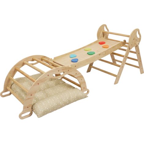 DEKKO 8 in 1 Triangle Climbing Set Kids Wooden Climber with Arch Slide Natural (1/5)