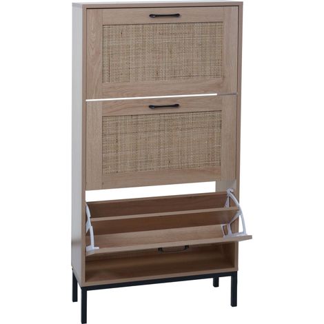[NEUWERTIG] Schuhschrank HHG-703, Schuhkipper Schuhregal, 3 Fächer Rattanfront Melamin, 126x63x24cm Eiche-Optik