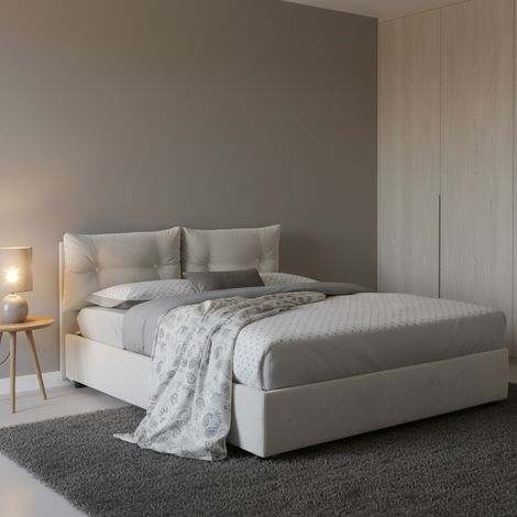Talamo Italia Cama de plaza y media Miriam, Cama contenedor con revestimiento de tela, 100% Made in Italy, Apertura frontal, adecuado para colchón Cm 120x190, Blanco, con embalaje reforzado (1/4)