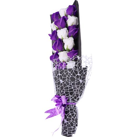 Fleur de savon, bouquet de roses artificielles innovant, cadeau de mariage, Saint-Valentin, cadeau festif, violet et blanc + boîte (1/5)