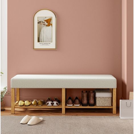 Banco zapatero 140/44/48 cm de madera de caucho con asiento acolchado blanco crema (1/5)