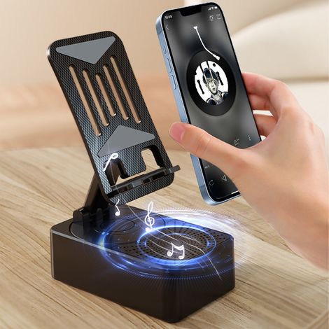 Support Téléphone - Haut-Parleur Bluetooth 5.3 - Son Surround HD - Support Réglable pour Smartphone et Tablette 4 à 13 Pouces - Autonomie 10 Heures - Noir (1/5)