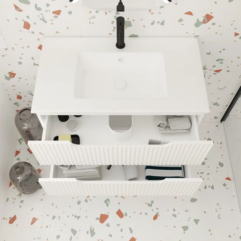 meuble de salle de bains leon 80cm blanc neige - 2 tiroirs en mdf ondulés - vasque à encastrer — vue 2
