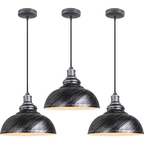 3PCS Suspension Luminaire Rétro Vintage Douille E27 Lustre D'Intérieur Abat-Jour En Métal Pour Bar, Grange, Café, Loft, Argent (1/5)