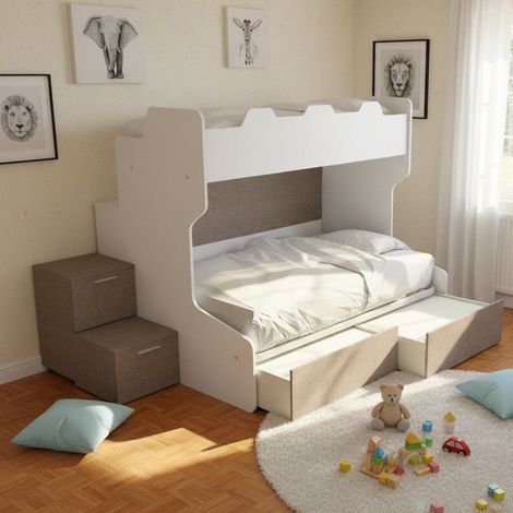 Letto a castello con gradini a cassetti e passerella - Una piazza e mezza e singola - Bianco e Fumo