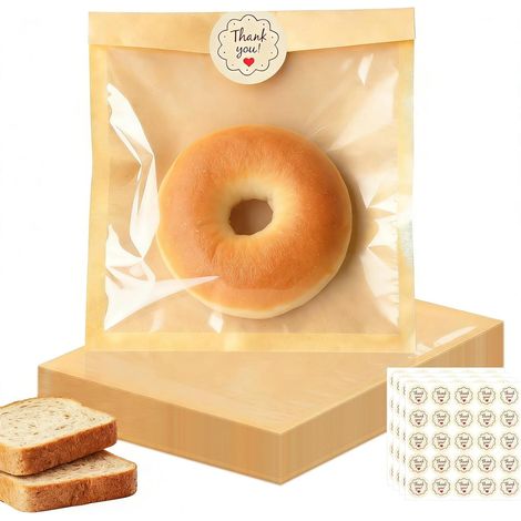 Pièces Petit Sachet Kraft avec Fenêtre et des Autocollants, 18×19 cm Sachet Alimentaire Papier Sacs à Pain Faits Maison, pour Biscuits Parts de Gâteau Beignets Muffins Bonbons Etc (1/5)