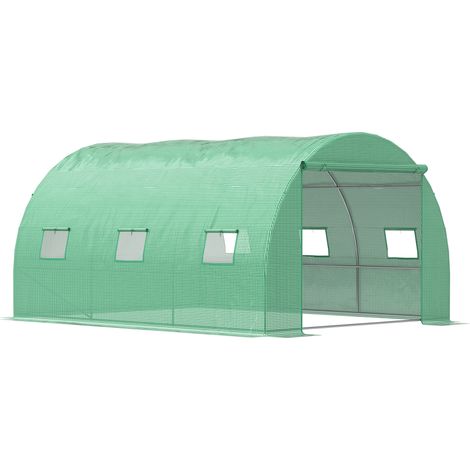 Outsunny Walk-in Polytunnel Greenhouse, Outdoor Garden Tunnel Greenhouse Tent with Zipped Roll-Up Door and 6 Mesh Windows, 4 x 3M