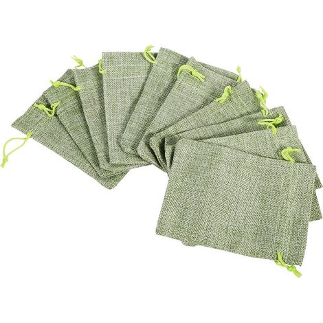 Un lot de 10 sacs à cordon rustiques en toile de jute, parfaits pour distribuer des bonbons lors de fêtes (vert).