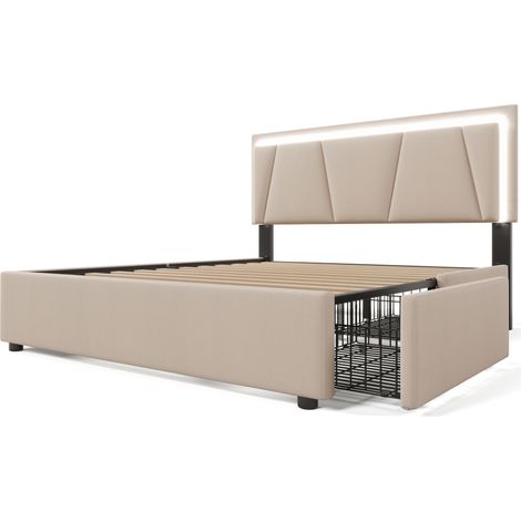 LED-Polsterbett 140x200 cm mit 4 Schubladen, verstellbarem Kopfteil, beige, MODENUIT (1/5)