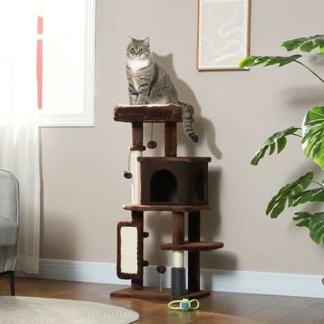 Árbol Rascador para Gatos 104 cm con Plataformas Poste con Cepillo Bolas Colgantes y Almohadilla para Rascar Marrón (1/5)