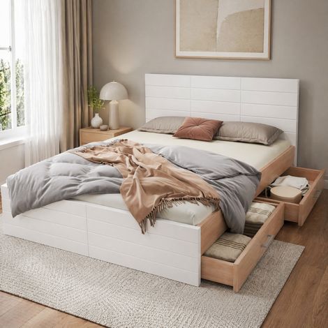 MEUBLIV Lit 140x200 cm blanc et chene clair - 2 tiroirs, tete et pied de lit, sans matelas (1/5)
