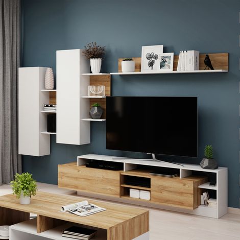 Parete Attrezzata Kanapa, Mueble de Salón Modular, 12 Estantes, 20 Compartimentos, Roble Marrón (1/5)