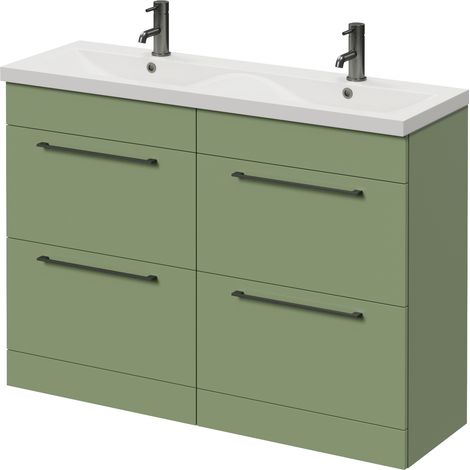 Napoli 390 Olive Green 1200mm 4 Drawer Vanity Unit with Double Glide Basins - 1200mm - Gunmetal Grey 320mm Handle
