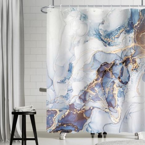 Rideau de douche lavable en polyester – Motif marbre bleu et gris doré, 180 x 180 cm, idéal pour baignoire et salle de bain
