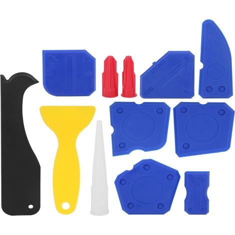 Ensemble de 12 pièces comprenant une spatule à calfeutrer en plastique, un grattoir à joints et un ensemble d'outils de finition pour colle à verre, bandes, joints et silicone. (1/5)