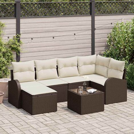 Sofa Set mit Kissen 7 pcs Braun und Weiß Poly-Rattan