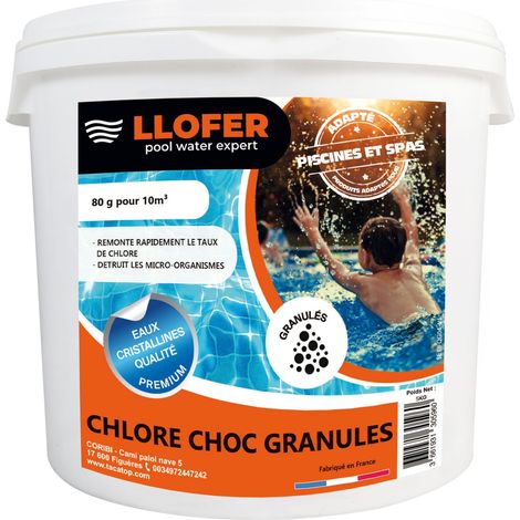 Llofer – Désinfectant chloré de piscine 5KG – Chlore choc poudre à dissolution rapide – 55% chlore actif pour traitement efficace