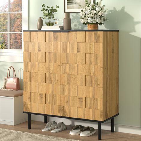 Meuble à Chaussures Mosaïque - 80x35x91.5 cm - Armoire d'Entrée à 2 Portes avec Étagères Ajustables et Pieds Métal - Naturel (1/5)