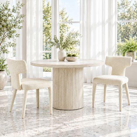 Coppia di 2 sedie da pranzo in tessuto bianco, schienale a T, struttura in ferro OKMYHOME (1/5)