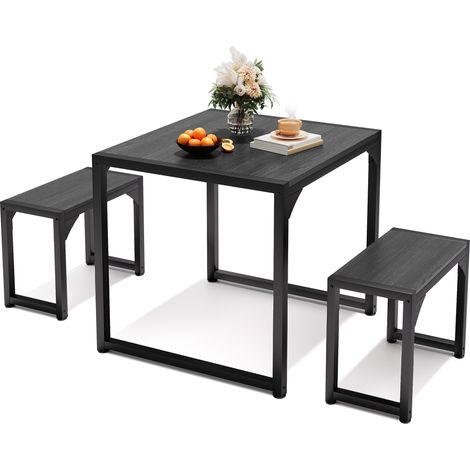 Conjunto de Mesa y Sillas para 2 Personas Bealife Mesa de 76 cm Altura de Comedor Tablero de Madera Estructura Metálica Patas Ajustables Negro 65 x 65 x 76 cm