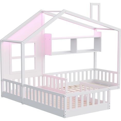 Letto casetta per bambini 90x200 cm bianco con LED, ripiani e barriera di sicurezza (1/5)