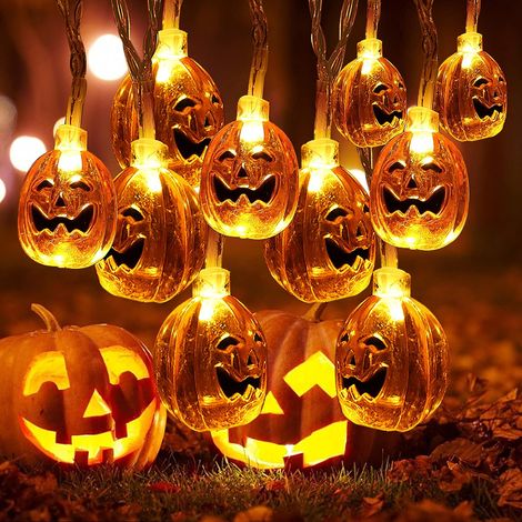 Cordon lumineux LED citrouille d'Halloween blanc chaud, modèle à piles, 3 mètres 20 lumières, éclairage décoratif de fête, piles non incluses (1/5)