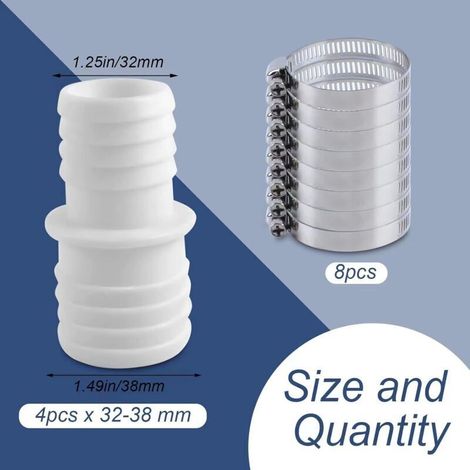 Vtizikl Lot de 4 raccords pour tuyau de piscine, raccords avec colliers de serrage, adaptateur de raccordement 32 mm vers 38 mm, adaptateur pour tuyau de piscine (1/5)
