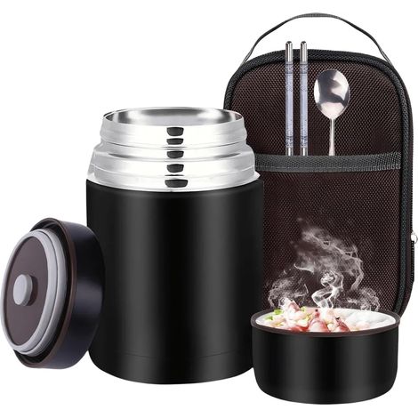 Récipient alimentaire isotherme en acier inoxydable, bouteille thermos avec cuillère, conserve les aliments chauds ou froids pendant 12 heures, noir (1/5)