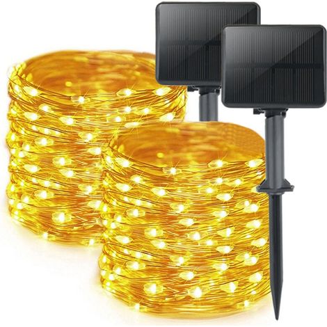 Lot de 2 Guirlandes Solaires Extérieur, Total 16m 160LED Lumineuse Étanche, 8 Modes Décoration pour Jardin Terrasse Cour Noël Mariage Fête, Blanc Chaud (1/4)