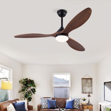 Ventilateur de Plafond Noyer 132 cm avec Lumière et Télécommande, 3 Pales en Bois Massif, Moteur DC Silencieux Réversible, LED 3 Couleurs, Mémoire