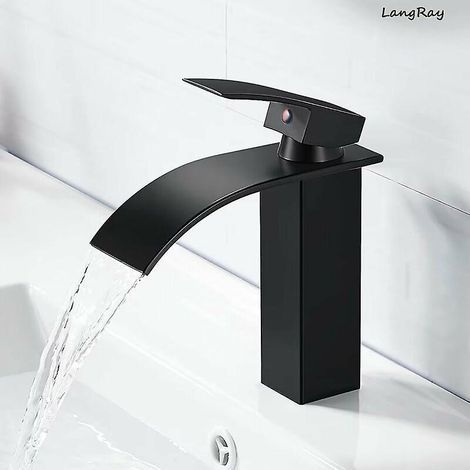 (Schwarz, Edelstahl) Wasserfall-Waschtischarmatur, Einloch-Waschtischarmatur, Keramikkartusche, Waschtischarmatur (1/2)