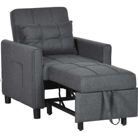 Fauteuil convertible 1 place 3 en 1 dossier réglable en 3 positions oreiller inclus 2 poches latérales 69x82x85cm gris
