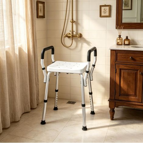Sedia da doccia regolabile 52 x 45 x 57-69 cm bianca in alluminio con braccioli - CHICFURN (1/5)