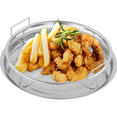Panier de barbecue, en acier au carbone, avec plaque cuisson, 30 cm, pour légumes et frites croustillants faibles gras, passe lave-vaisselle anti-adhésif, argenté - (1/5)