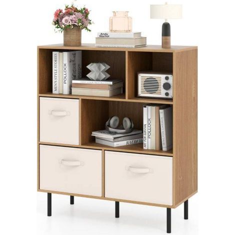 Design Moderne Finition Naturelle Bibliothèque 6 Cases Étagère Rangement avec 3 Tiroirs Tissu pour Salon Bureau (1/5)