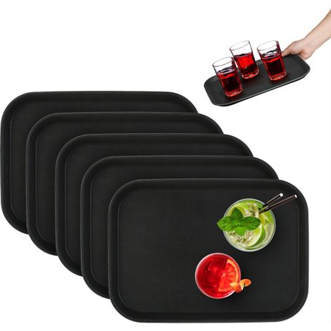 Relaxdays Pack de 5 Bandejas Camarero, Antideslizantes, Rectangular, Bar, Restaurante, Buffet, 35x25 cm, Plástico, Negro
